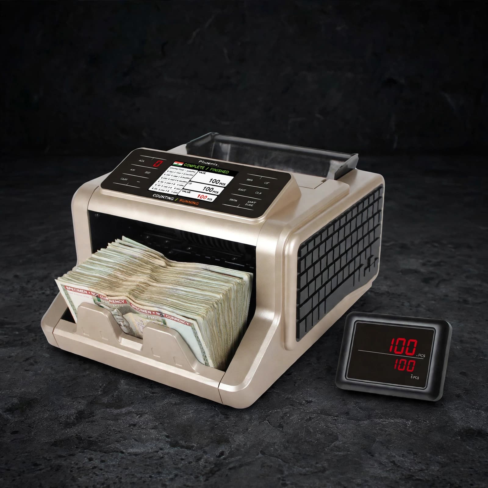 Phoenix K-30 Smart counting machine with a counted stack of banknotes